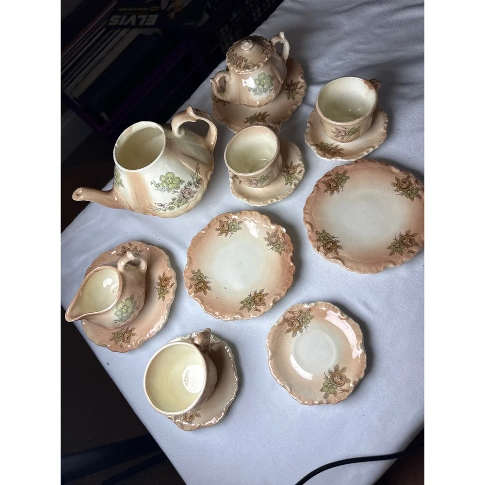Vintage APW 83 Hand Painted Ceramic Floral Tea Set Peach Scalloped 13 Piece